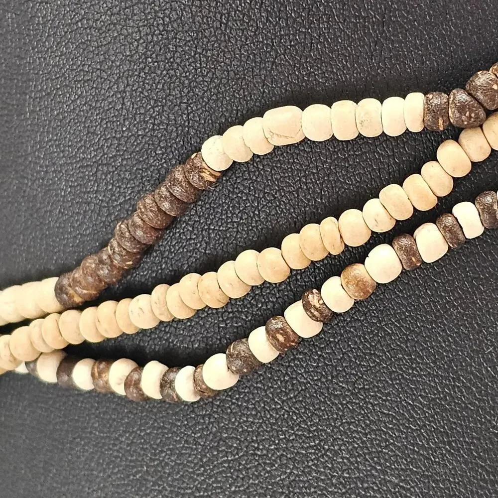 Vintage Multi-Strand Wood Bead Necklace Mother of Pearl MOP Flower Pendant Boho